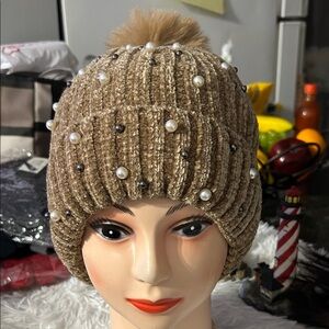 Elegant Tan Knit Beanie with Pearls